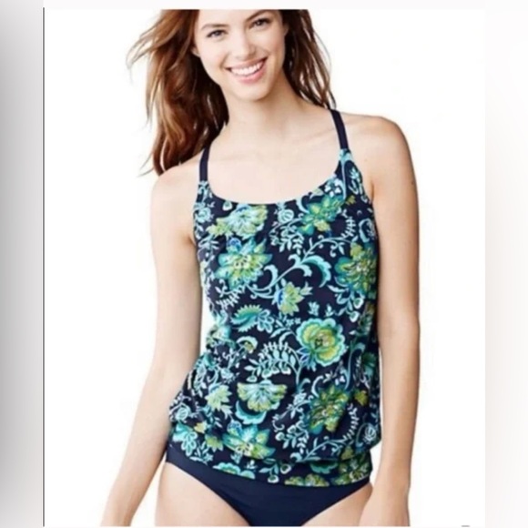 LANDS END Tankini Beach Living Floral Paisley Blue Turquoise Padded Blouson Top - Picture 1 of 3